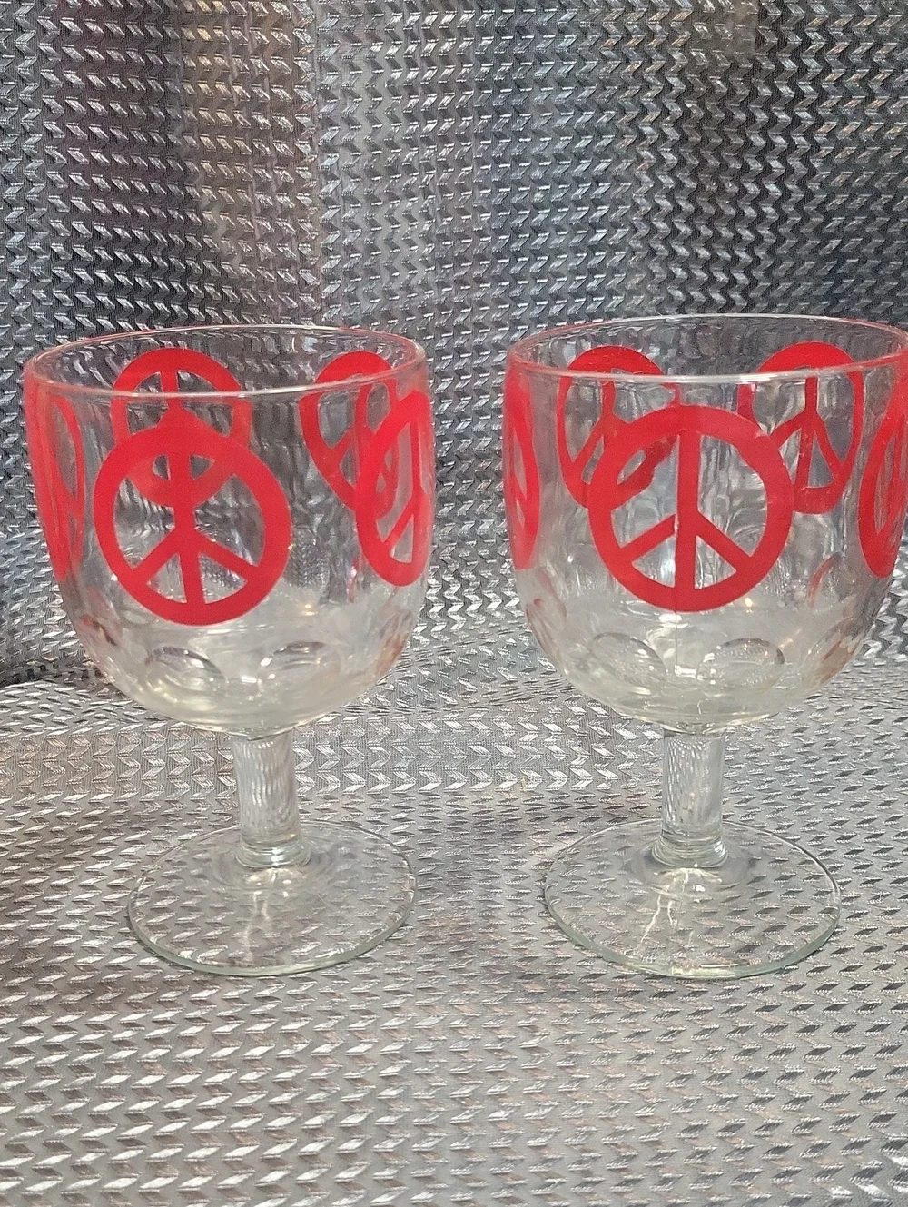 Vintage Set of 2 Goblets with Red Peace Sign Design